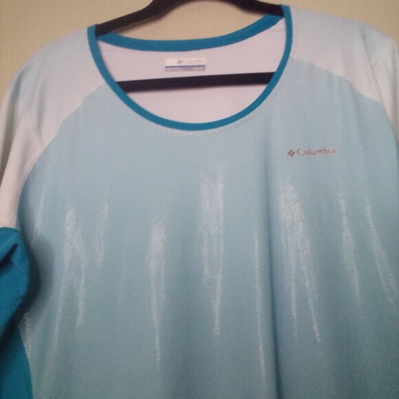 Columbia Shirt Women 1X Short Sleeve Active Athletic Omni-Shade Blue Teal White - Picture 8 of 16